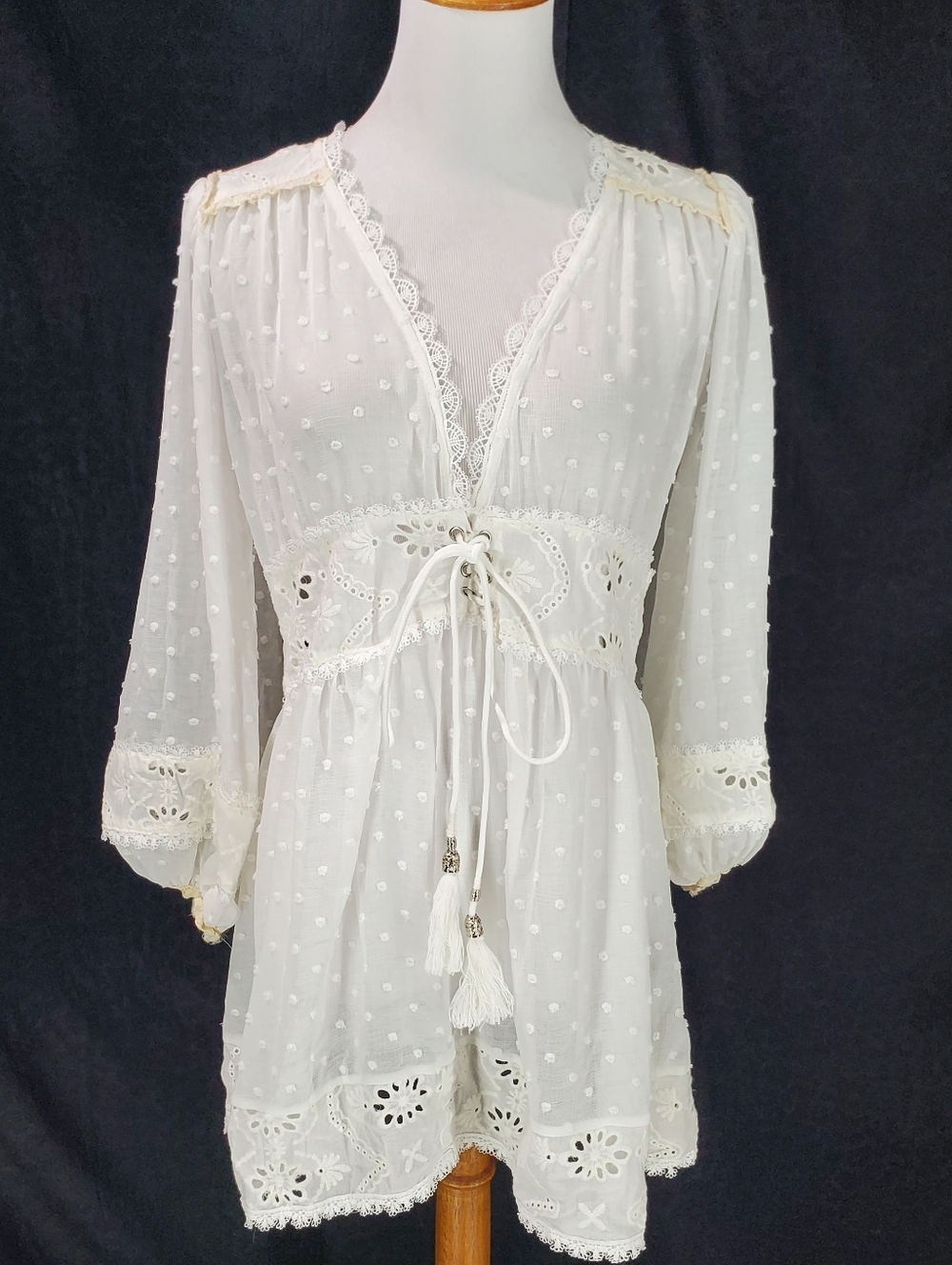 POL Boho White Gauzy Eyelet and Lace Mini V-Neck Dress with Tassel Tie Polka Dot